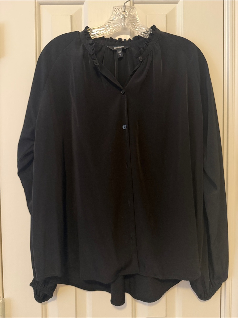 Express Black Button-Front Ruffle Collar Blouse